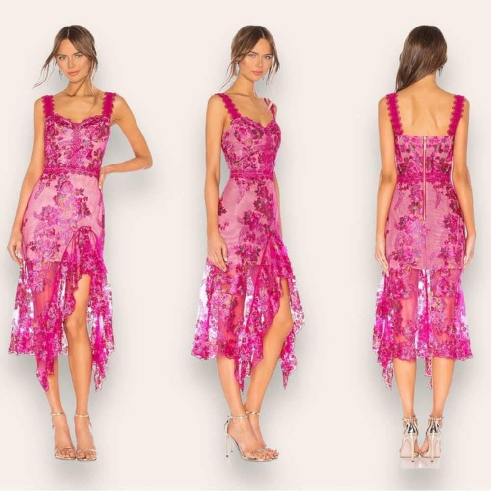 Bronx and Banco Hot Pink Lace Appliqué Asymmetric Midi Dress - Picture 3 of 16